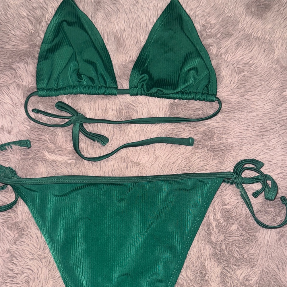 Green Triangle Bikini Set String Tie Side Bottoms Triangle Top Womens Swimsuit S - Picture 6 of 16